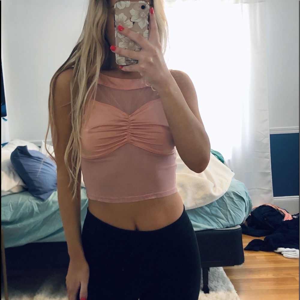 SOLD Pink Silky Mesh Crop Top - Picture 3 of 4
